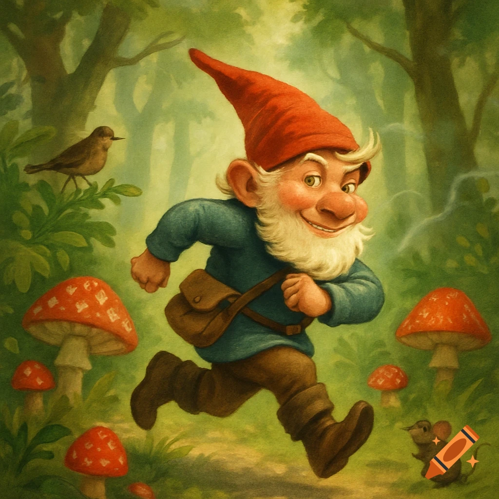 A cheerful gnome with a red hat and white beard runs through a lush forest path, surrounded by red mushrooms, a bird, and a mouse.