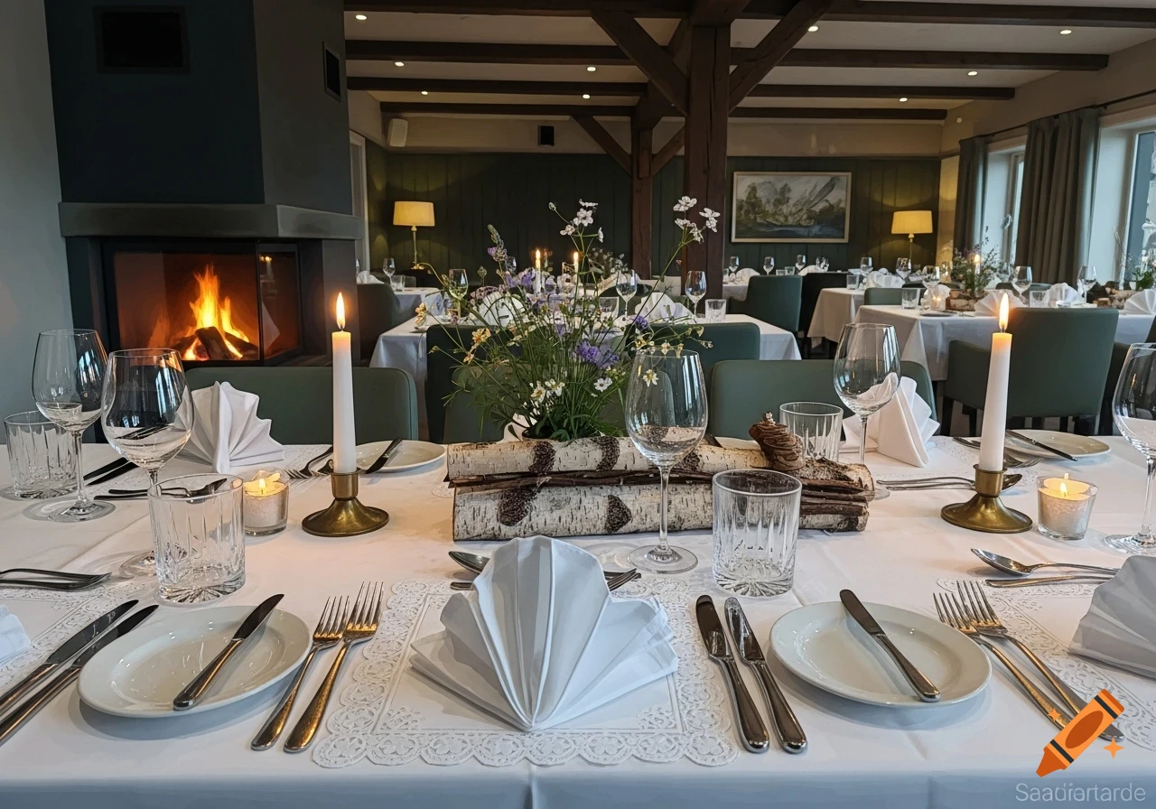 Elegant restaurant dining room with a long table set for a meal, featuring candles, a floral centerpiece with birch logs, and a cozy fireplace in the background.