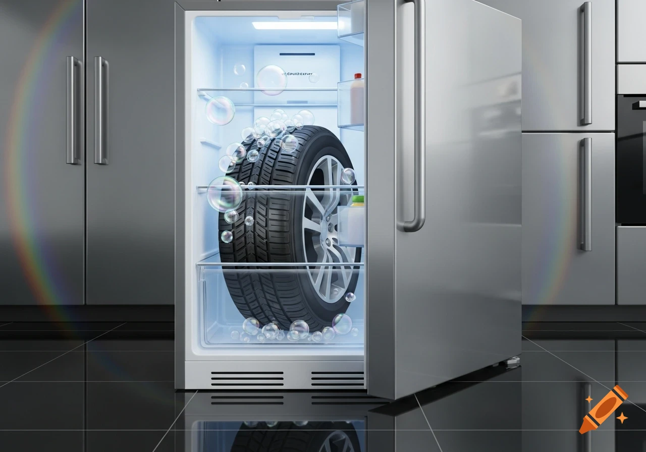 Photorealistic image of a car tire with soap bubbles inside an open stainless steel refrigerator in a modern kitchen.