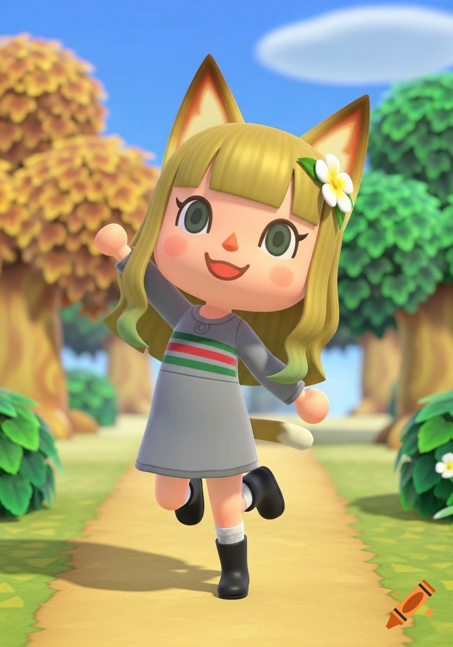 A cute Animal Crossing character with blonde hair, cat ears, a white flower, gray dress with red and green stripes, a tail, and black boots, jumping on a path in a village.