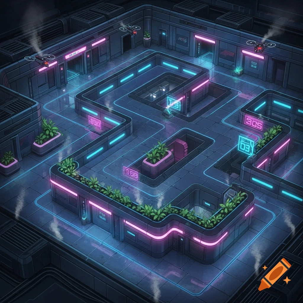 An isometric cyberpunk RPG battle map featuring hotel corridors with neon blue and pink lights, hovering drones, and potted plants.