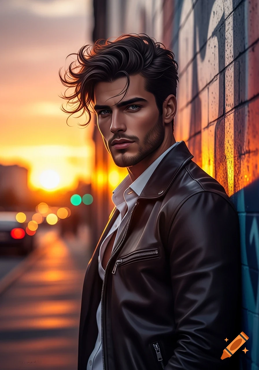 A handsome man with dark wavy hair and a beard, wearing a leather jacket, leans against a brick wall at sunset.