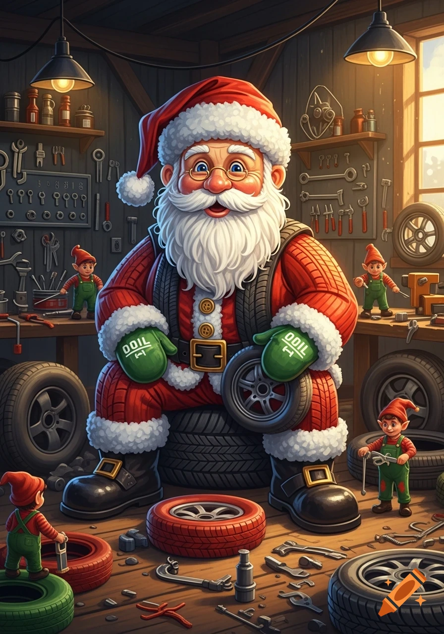 Cartoon Santa Claus in a tire workshop with elves, holding small tires.