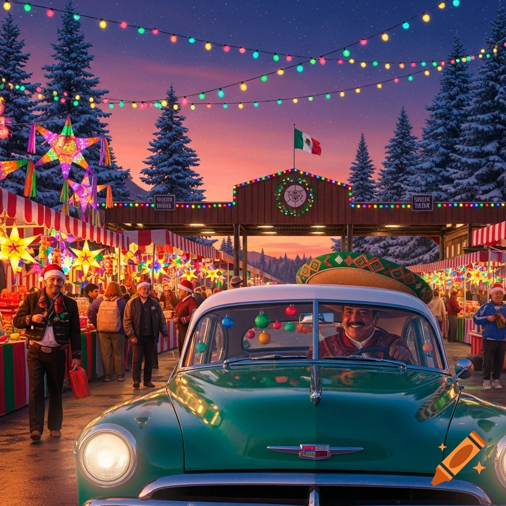 A man in a sombrero drives a vintage green car through a snowy, festive Mexican Christmas market at dusk, with colorful lights and stalls.