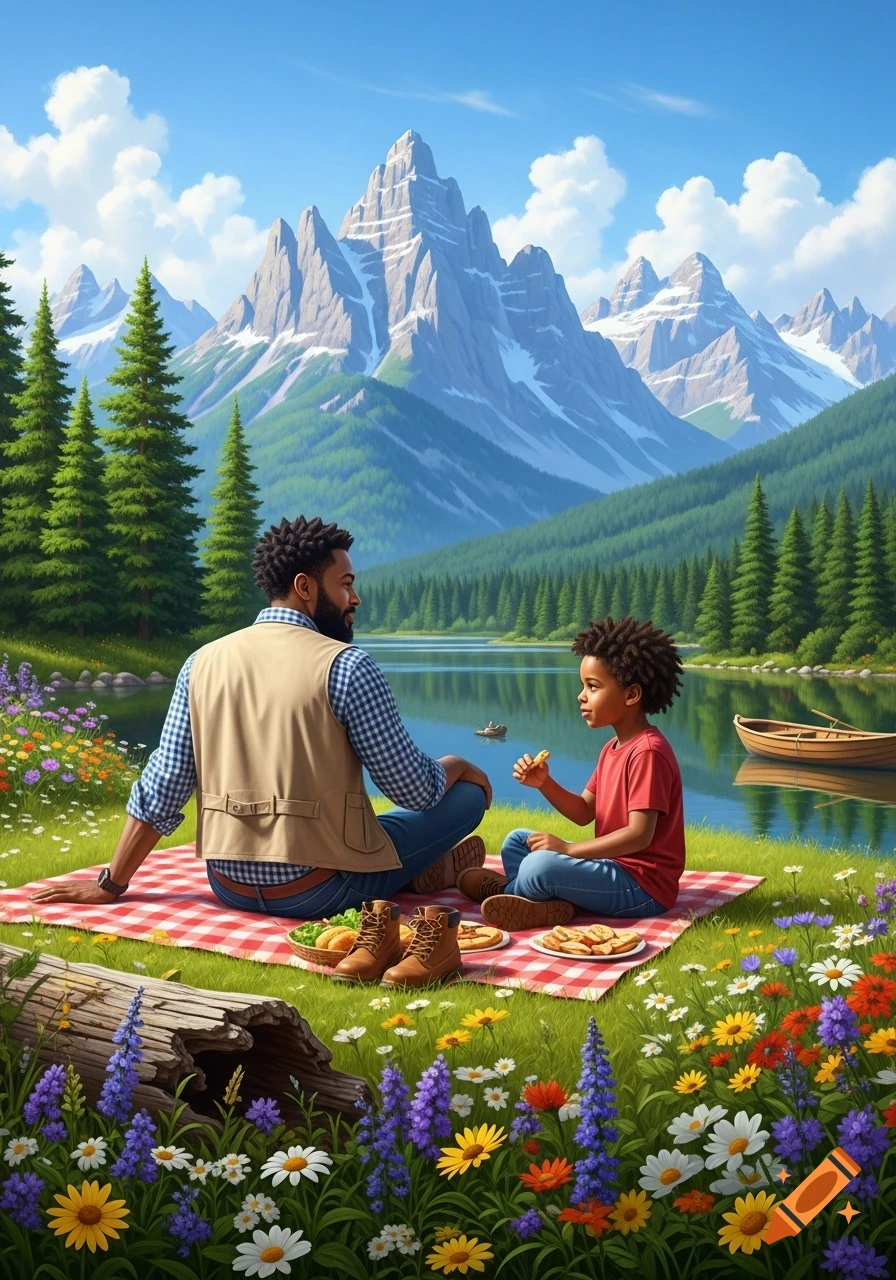 A man and a boy have a picnic on a red and white blanket by a lake with mountains and forests, surrounded by wildflowers.