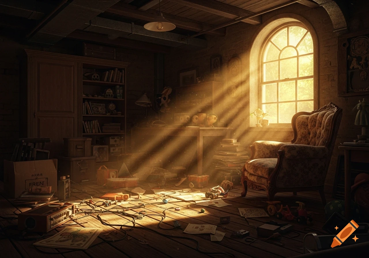 Sunlight streams through an arched window into a dusty, cluttered attic room with old furniture, boxes, and toys scattered on the wooden floor, in a realistic style.