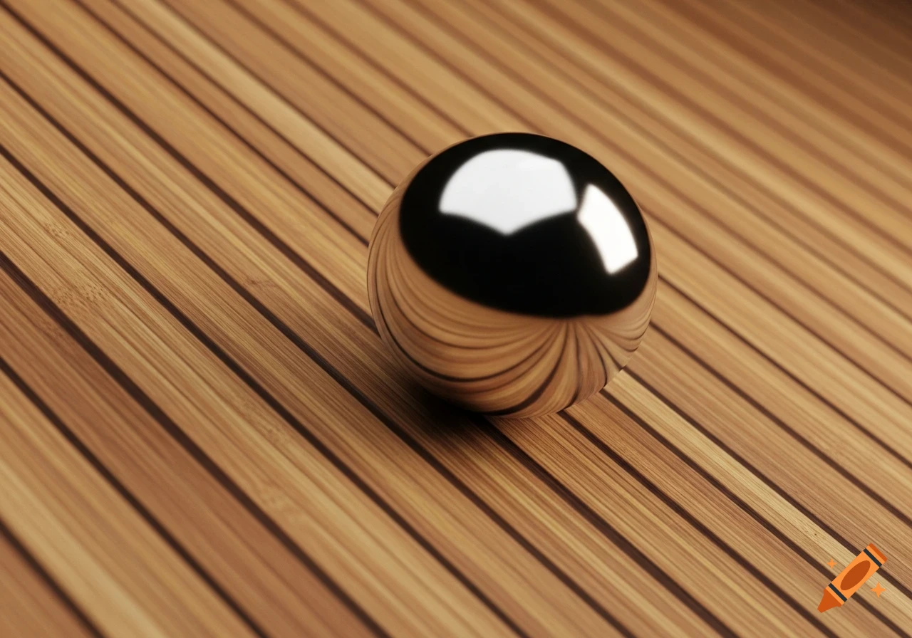 A shiny metallic ball rests on a slanted wooden surface, reflecting the detailed wood grain.