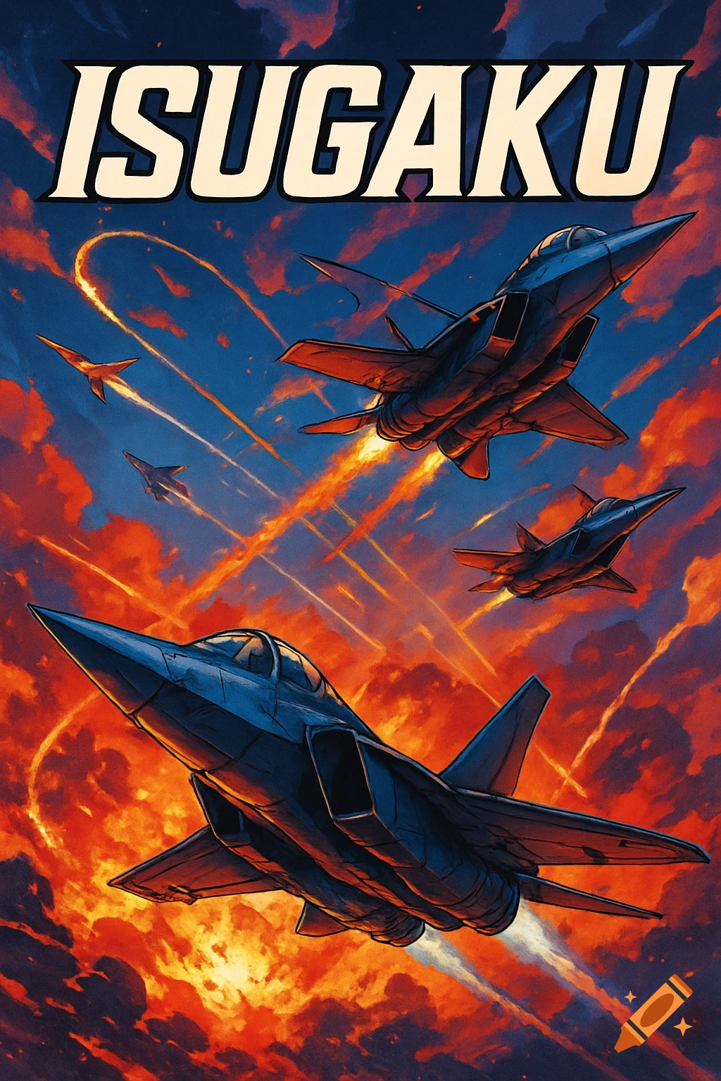 Anime cover art with 'ISUGAKU' title above fighter jets flying through an explosive orange and blue sky with missile trails.