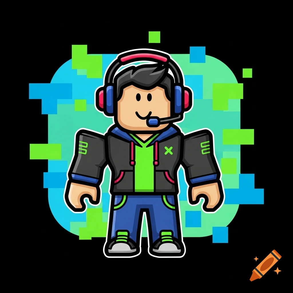 A cartoon avatar resembling a Roblox character, wearing a black hoodie with green accents, blue jeans, and red and blue headphones with a mic. The background is pixelated blue and green.