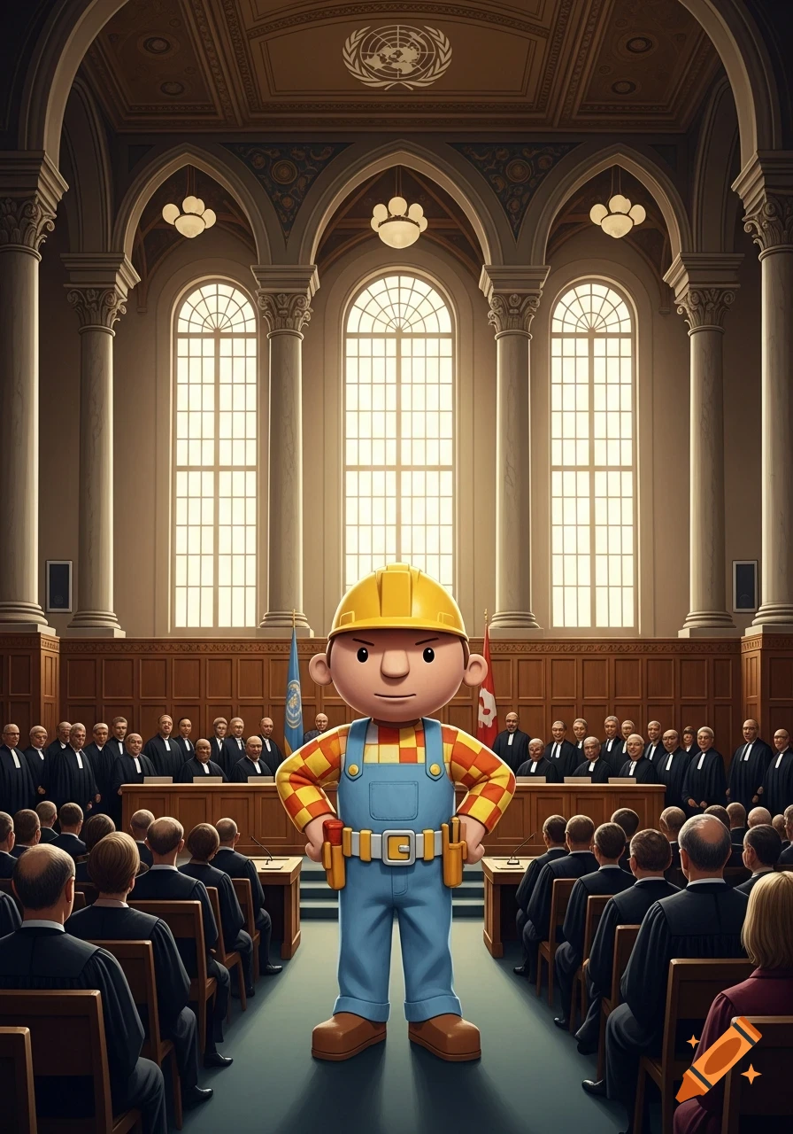 Bob the Builder stands in the center of a grand courtroom, facing an array of judges, with an audience seated behind him.
