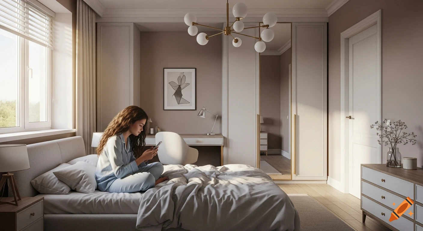 A young woman in light blue pajamas sits cross-legged on a bed, looking at her phone in a modern, sunlit bedroom.