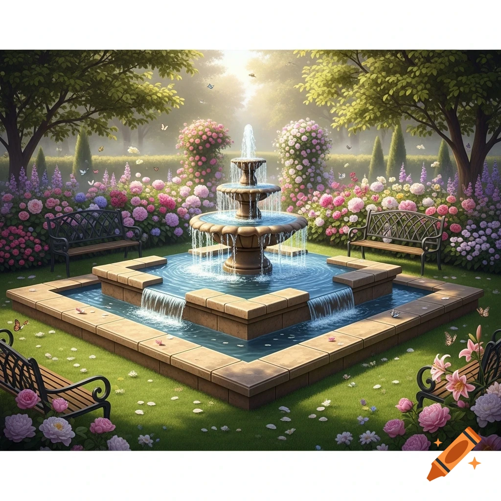 A realistic square fountain surrounded by colorful flowers, trees, and benches in a lush garden with butterflies.