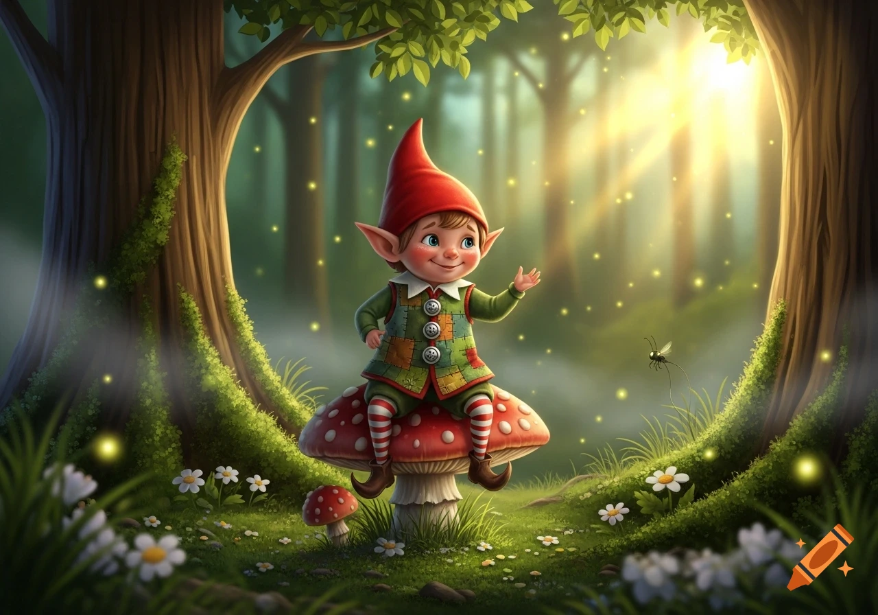 A cheerful cartoon gnome with big ears and a red hat sits on a red mushroom in a magical forest with glowing fireflies.