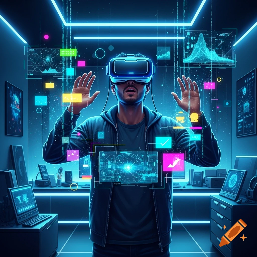 A man wearing a VR headset interacting with glowing holographic interfaces in a futuristic, neon-lit room.