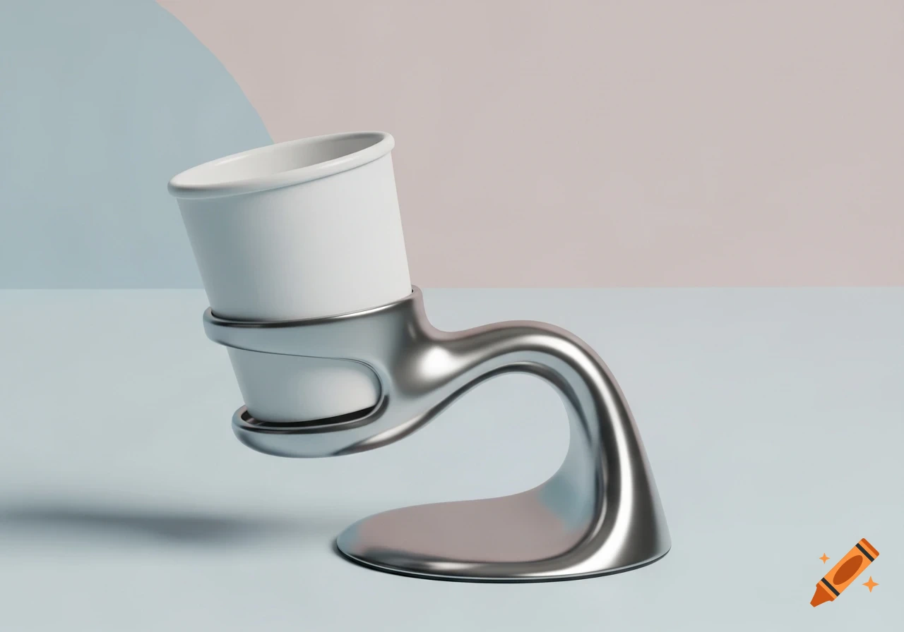 A modern, chrome-like cup holder supports a white paper cup against a pastel blue and pink background.