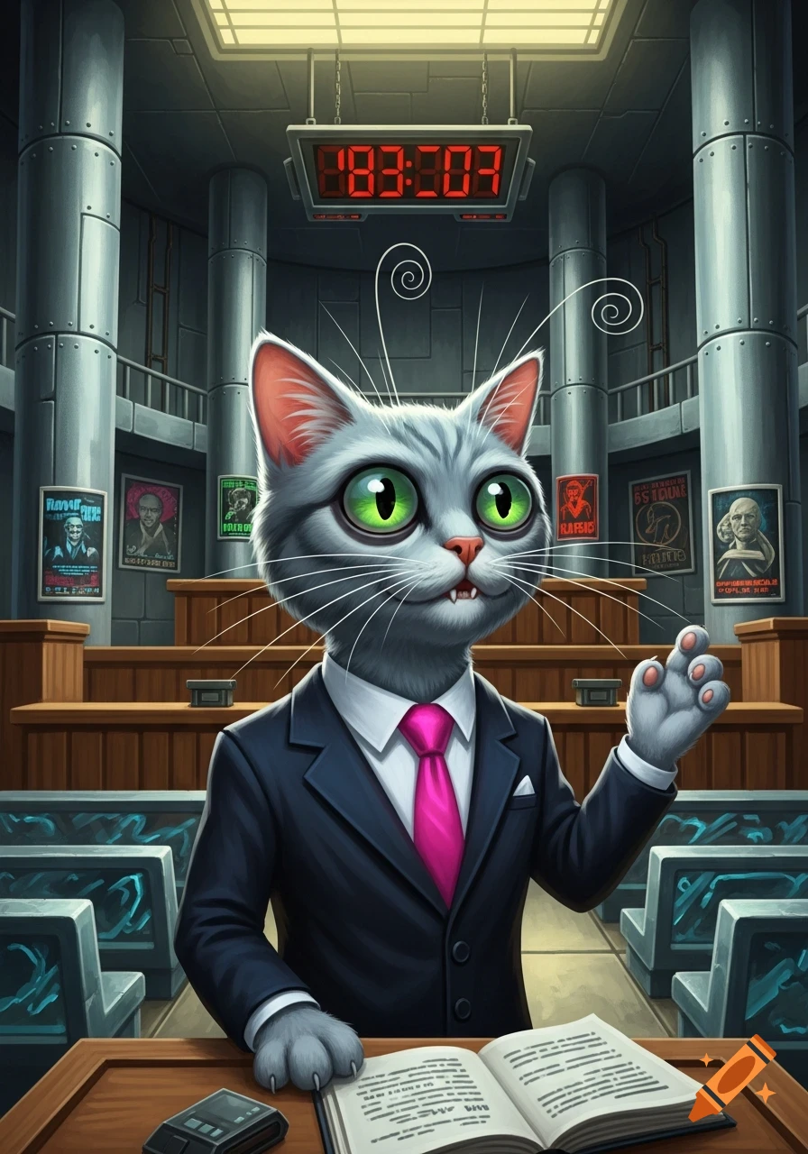 A surreal cartoon image of a gray cat in a dark suit and pink tie, acting as a lawyer in a dystopian courtroom, with large green eyes and an open book on the table.