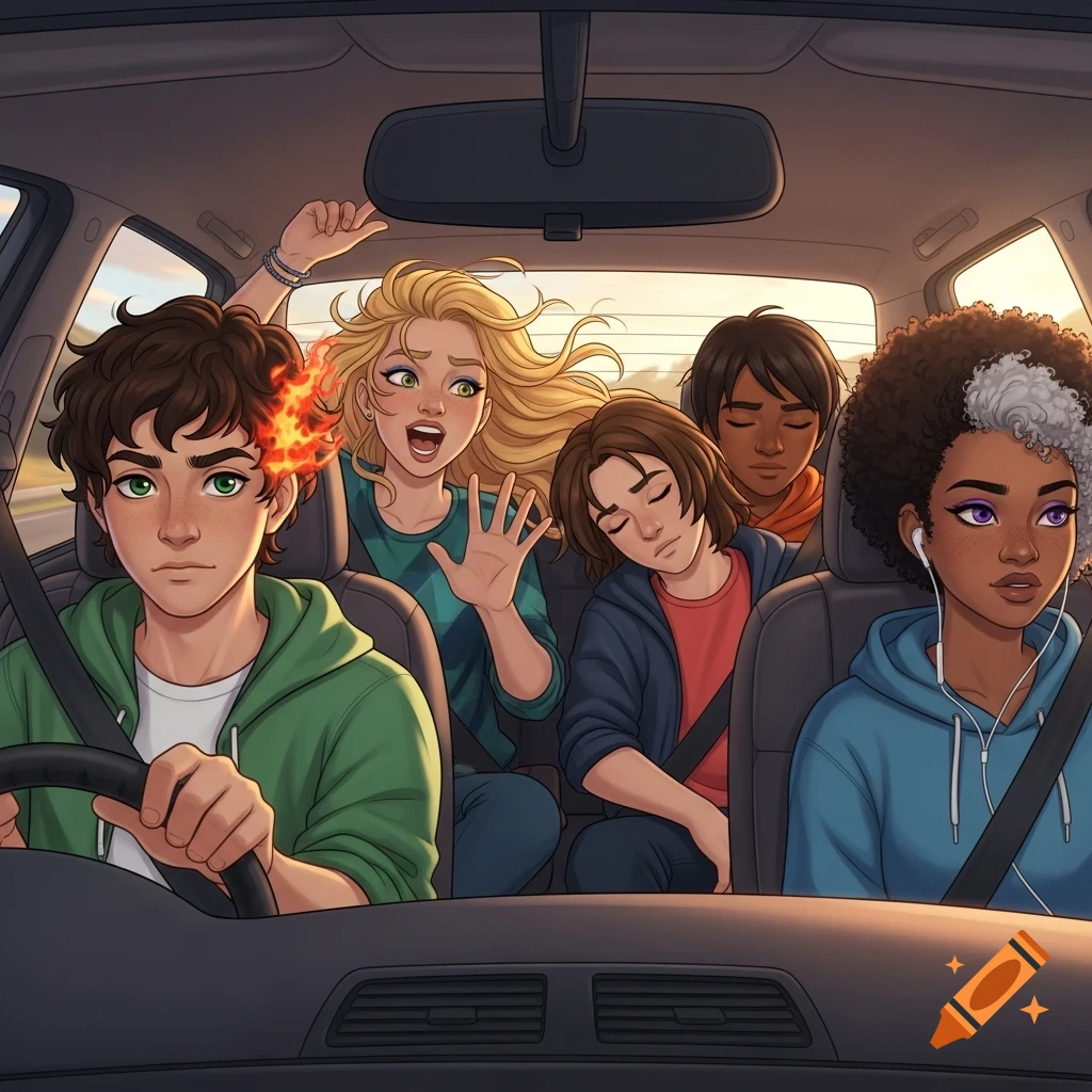 Five diverse teenagers on a road trip, featuring a boy driving, a girl with fiery hair, a yelling blonde girl, a sleeping boy, and a girl listening to music, in a vibrant anime style.