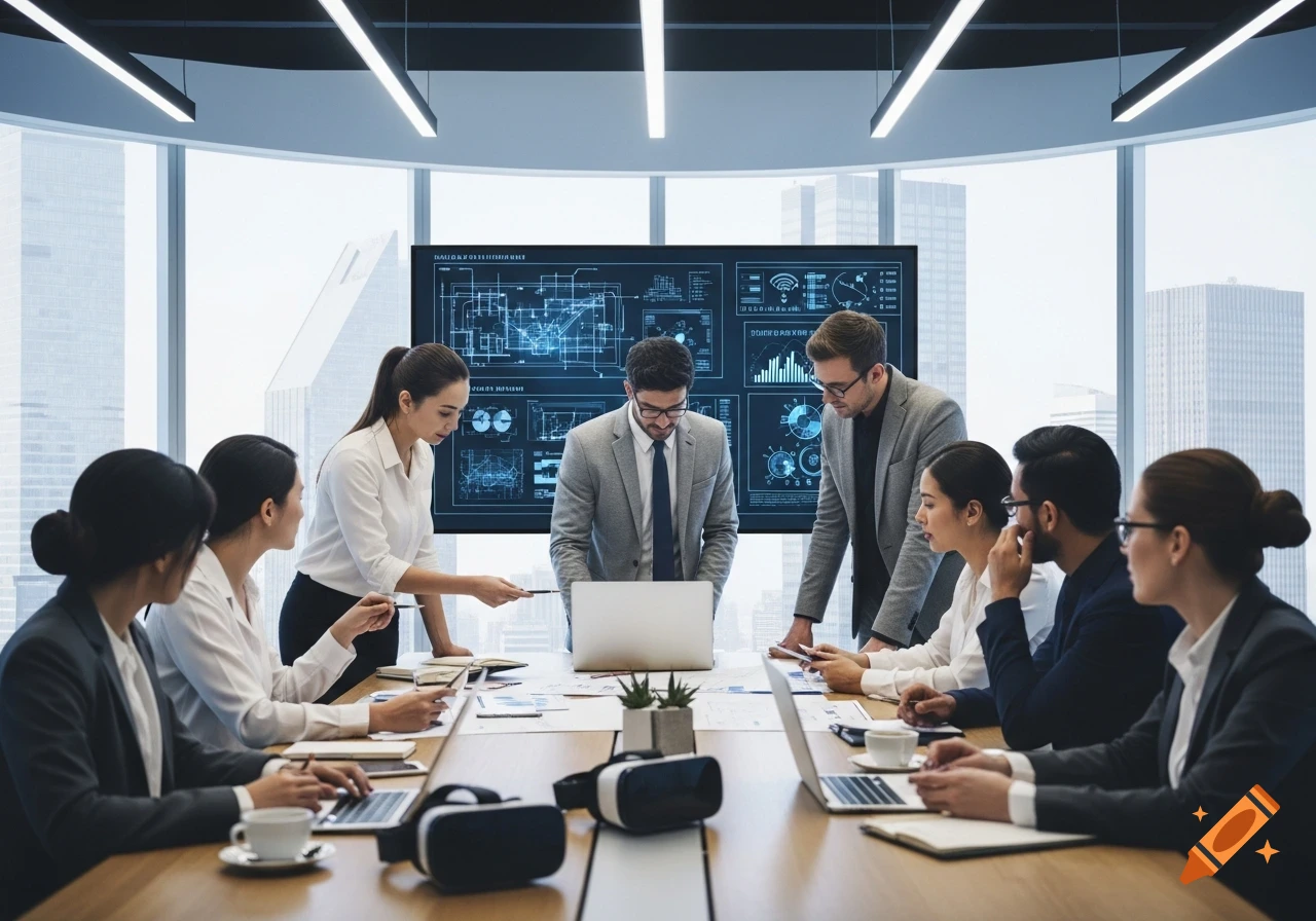 Professionals in a modern conference room discussing data displayed on a large screen.
