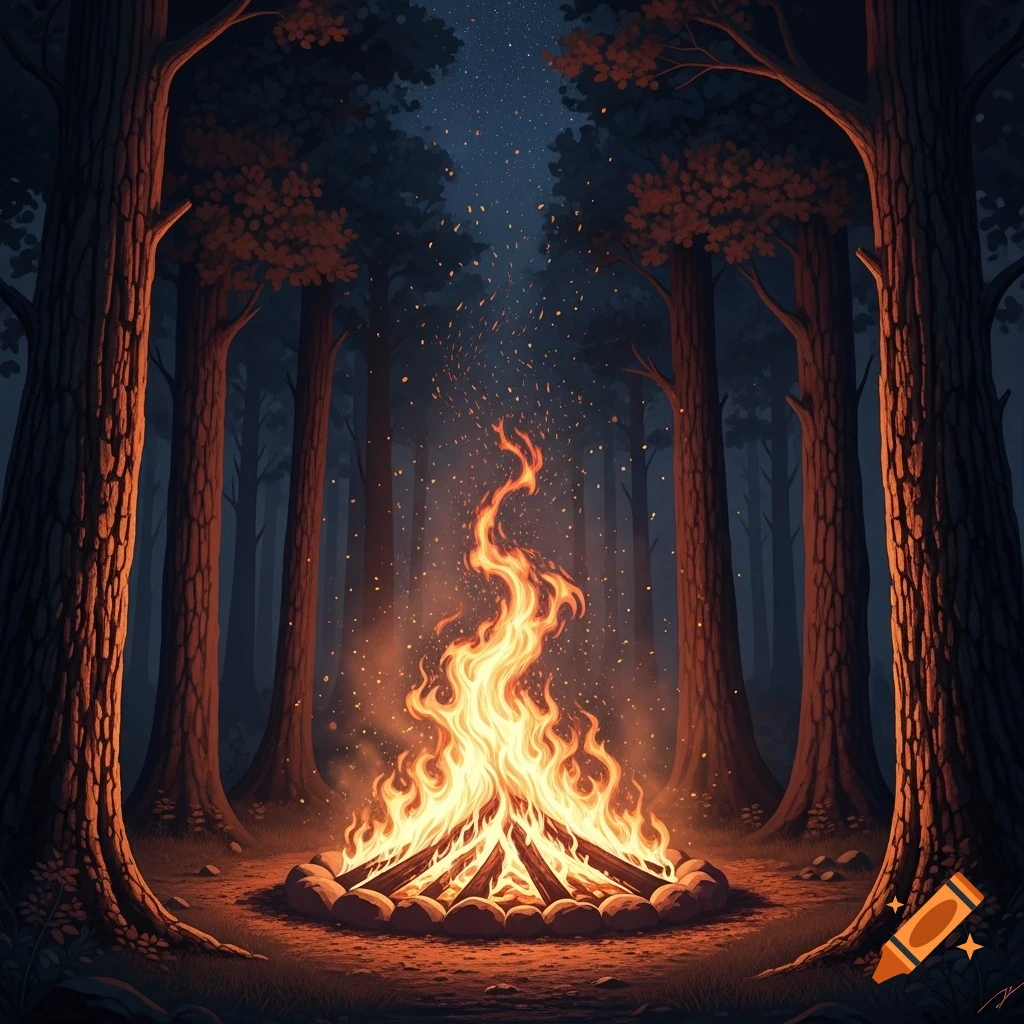 A vibrant campfire crackles in a dark forest at night, illuminating tall trees and scattered sparks.