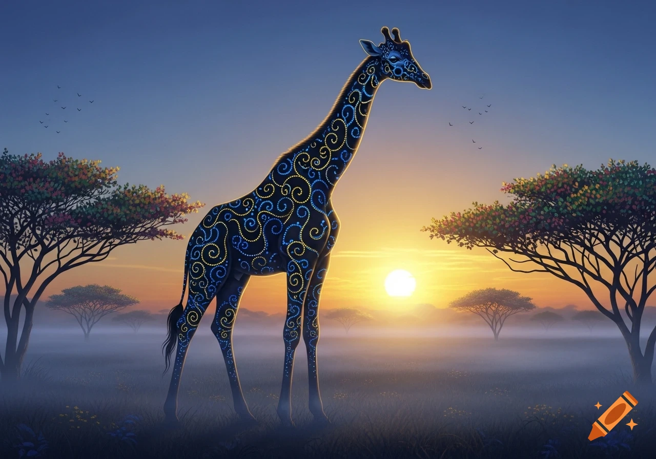 A stylized black giraffe with glowing blue and yellow swirl patterns stands in a misty savanna at sunset, with acacia trees.