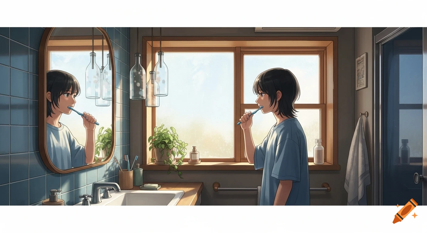 Anime-style person with short dark hair brushing teeth in a modern bathroom with a large window and mirror.