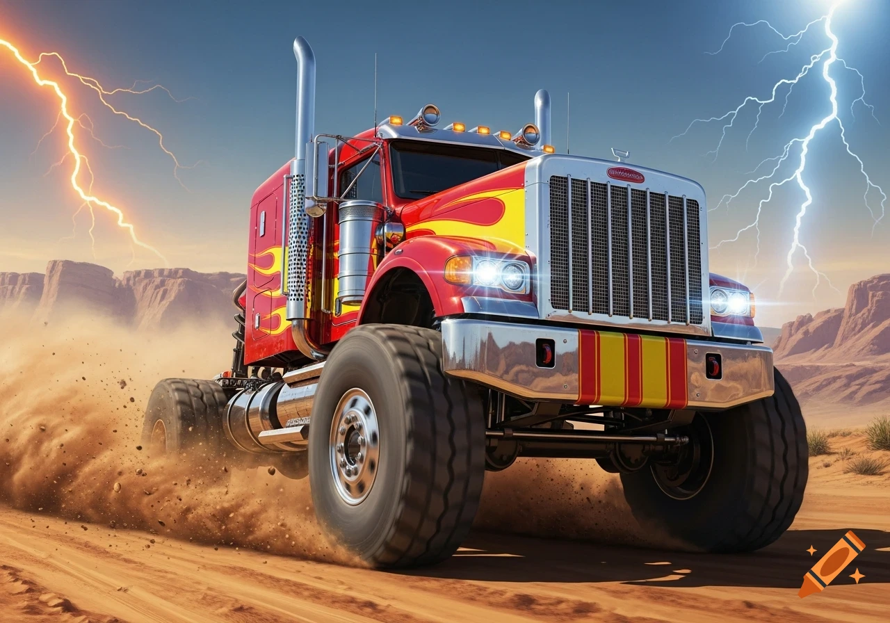 A red monster truck with yellow flame decals kicks up dust as it speeds through a desert under a stormy sky with lightning.