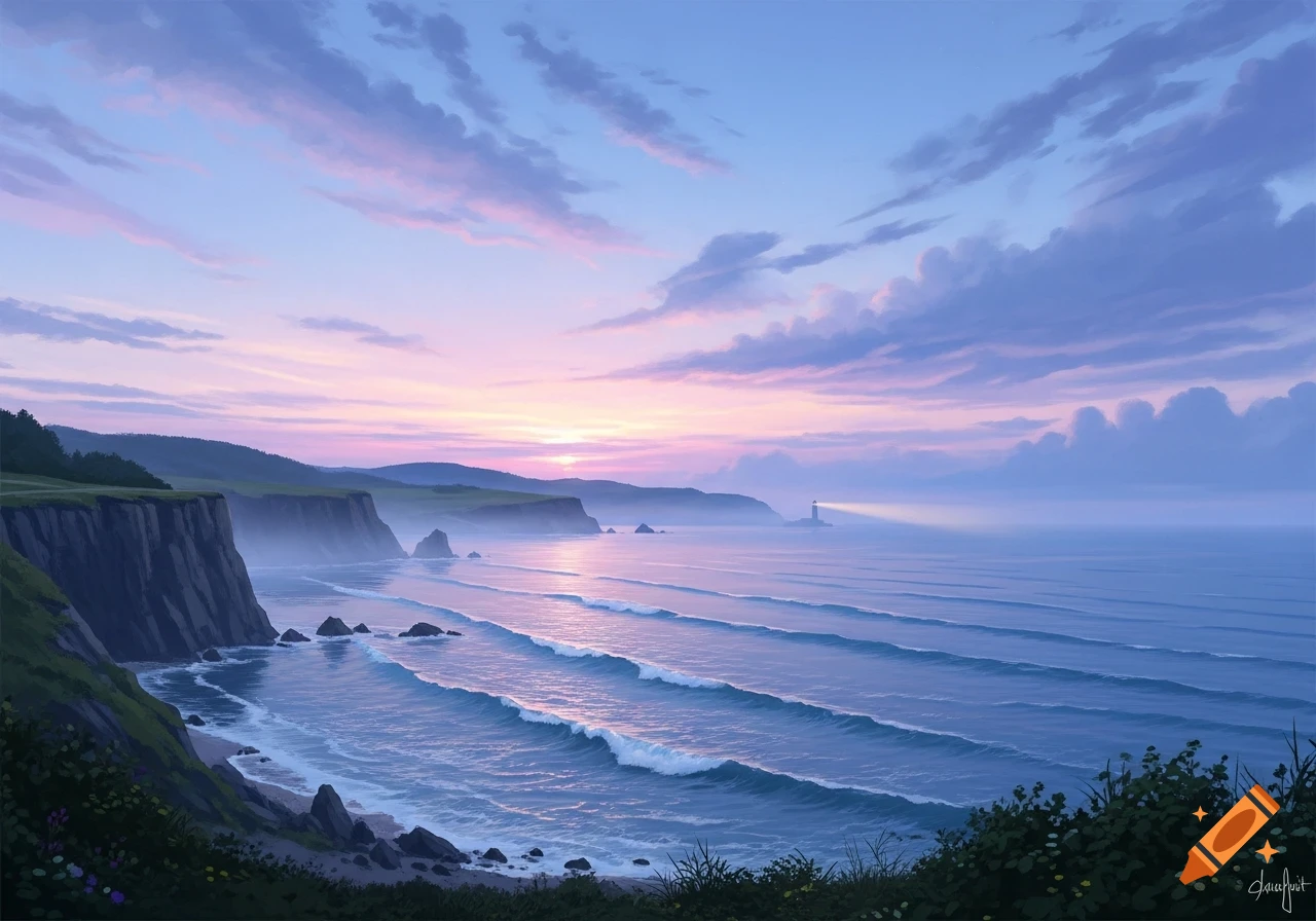 A beautiful coastal landscape at dawn with cliffs, a sandy beach, and waves crashing. A lighthouse beam cuts through the misty air in the distance under a pink and purple sky.