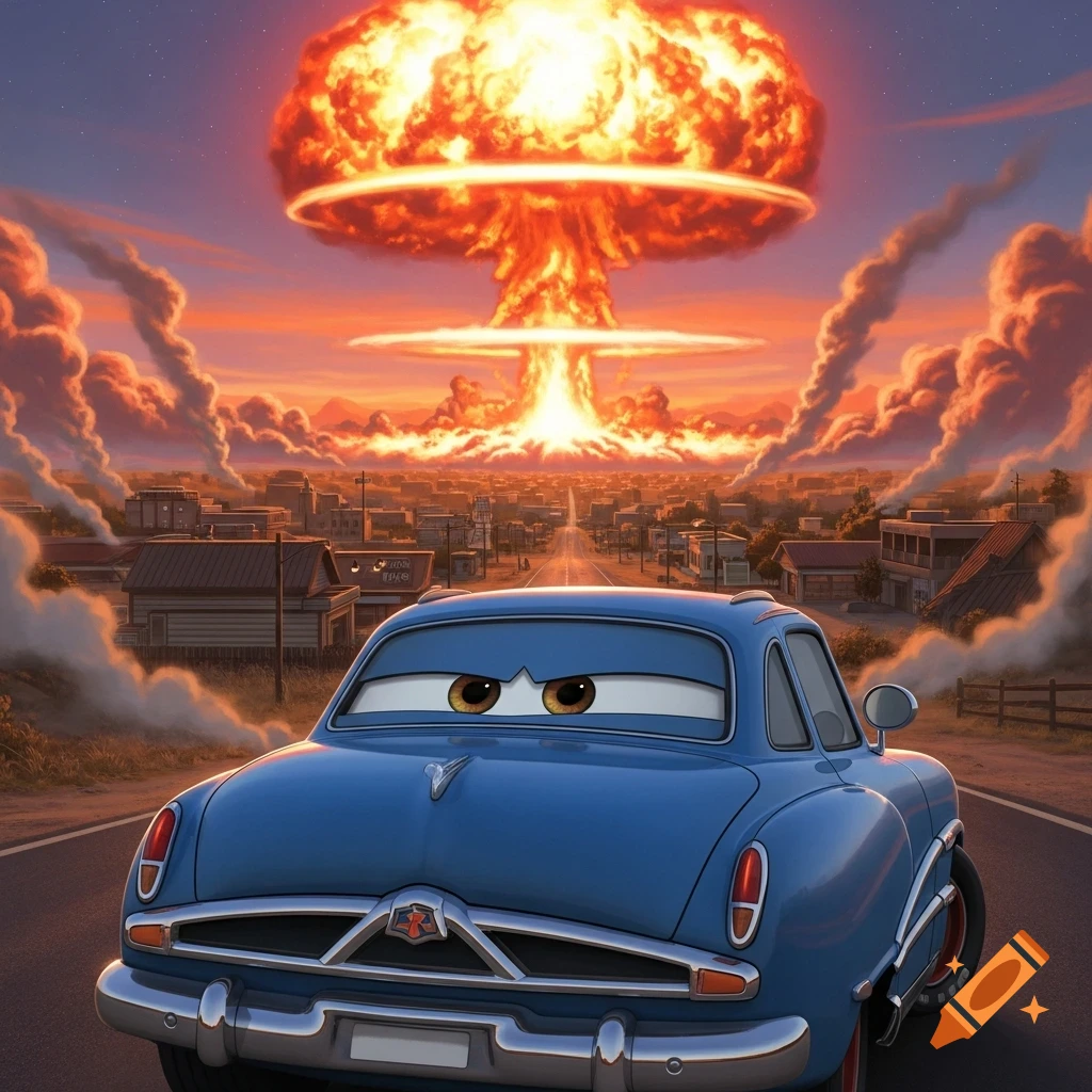 A blue Pixar-style car, Doc Hudson, watches a vibrant nuclear explosion rising above a cartoon town at sunset.