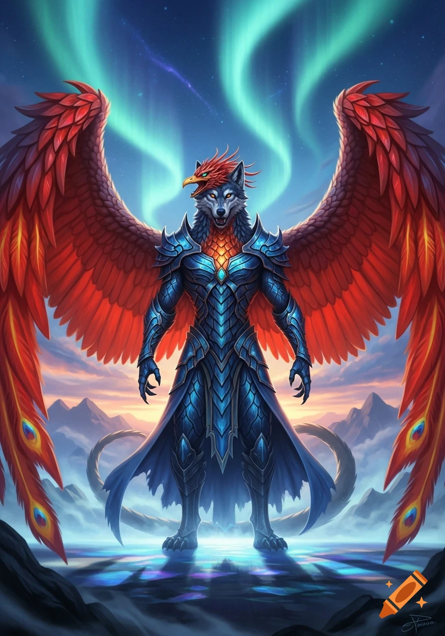 A majestic wolf-headed warrior with red phoenix wings and blue dragon scale armor stands under a green aurora sky.