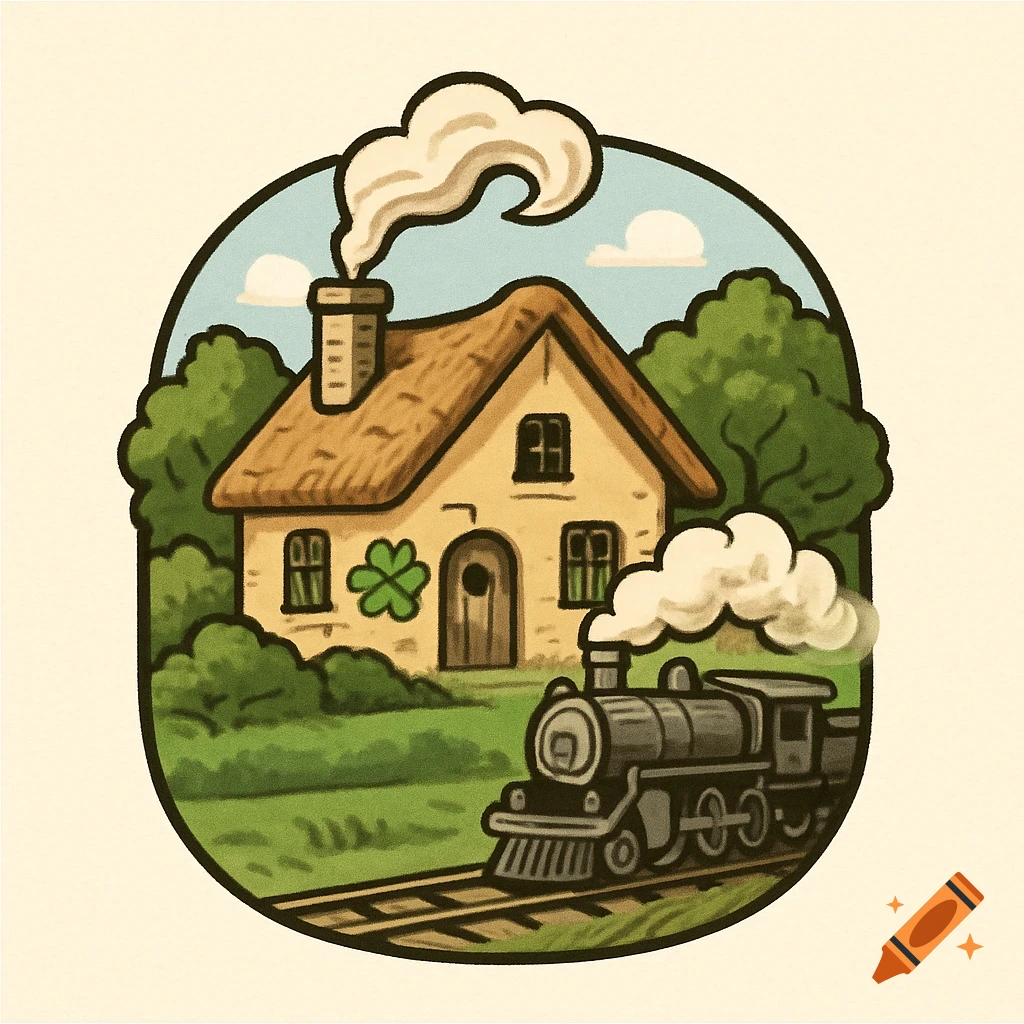 Illustrated logo of a country cottage with a four-leaf clover and a steam train passing by.