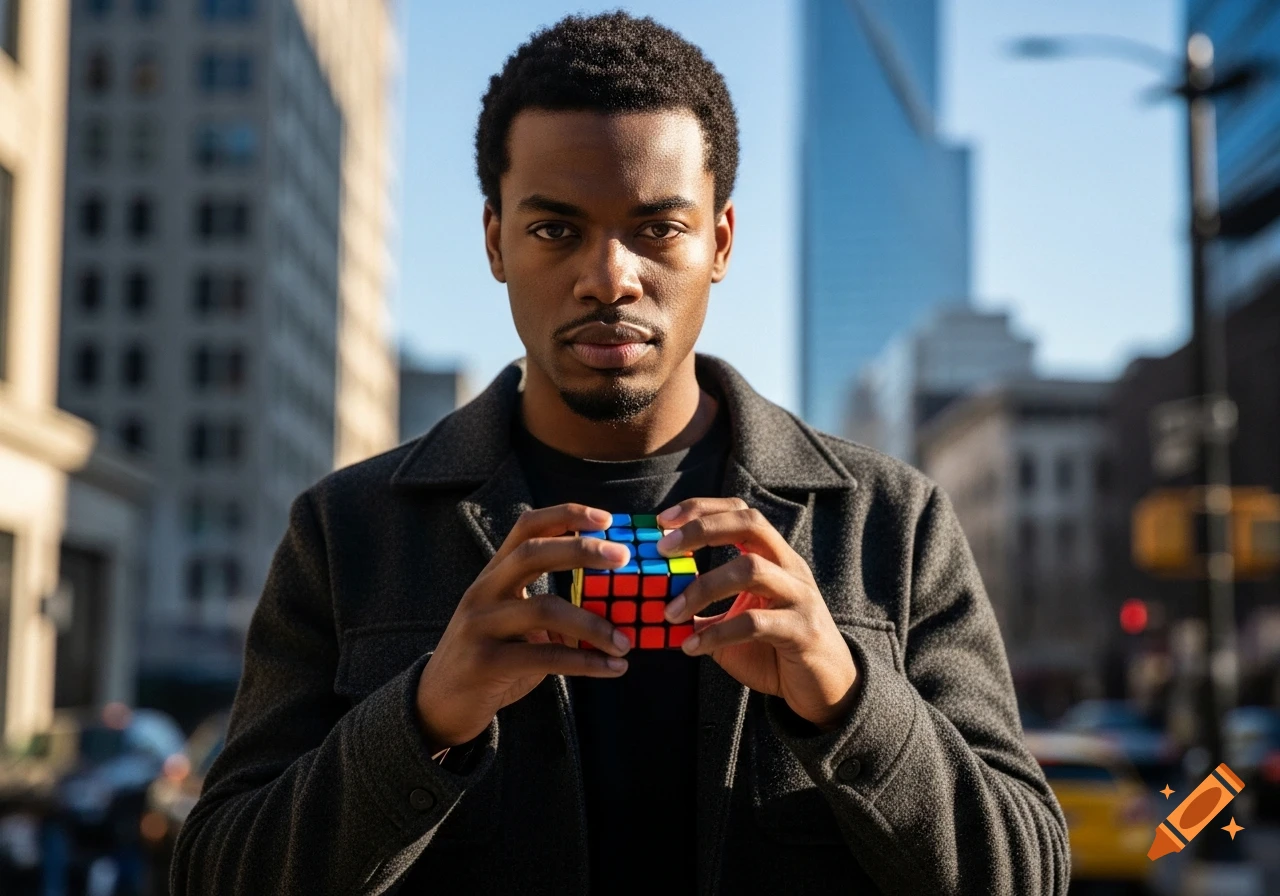 A photorealistic portrait of a man holding a Rubik's Cube in his hands, standing against a blurred urban background.