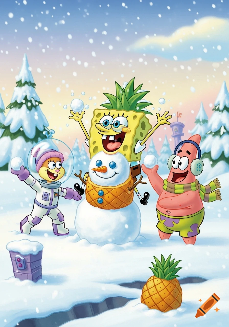 Spongebob, Patrick, and Sandy building a snowman and throwing snowballs in a snowy cartoon landscape.