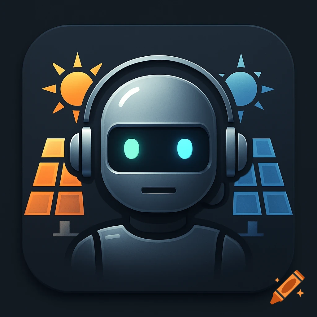 A stylized app icon featuring a robot head wearing headphones, flanked by orange and blue solar panels and suns.