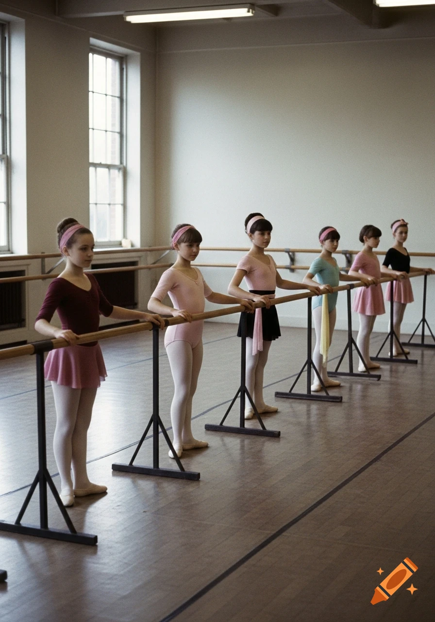 Several young girls in vintage 1970s leotards practice ballet at wooden barres in a studio with large windows.