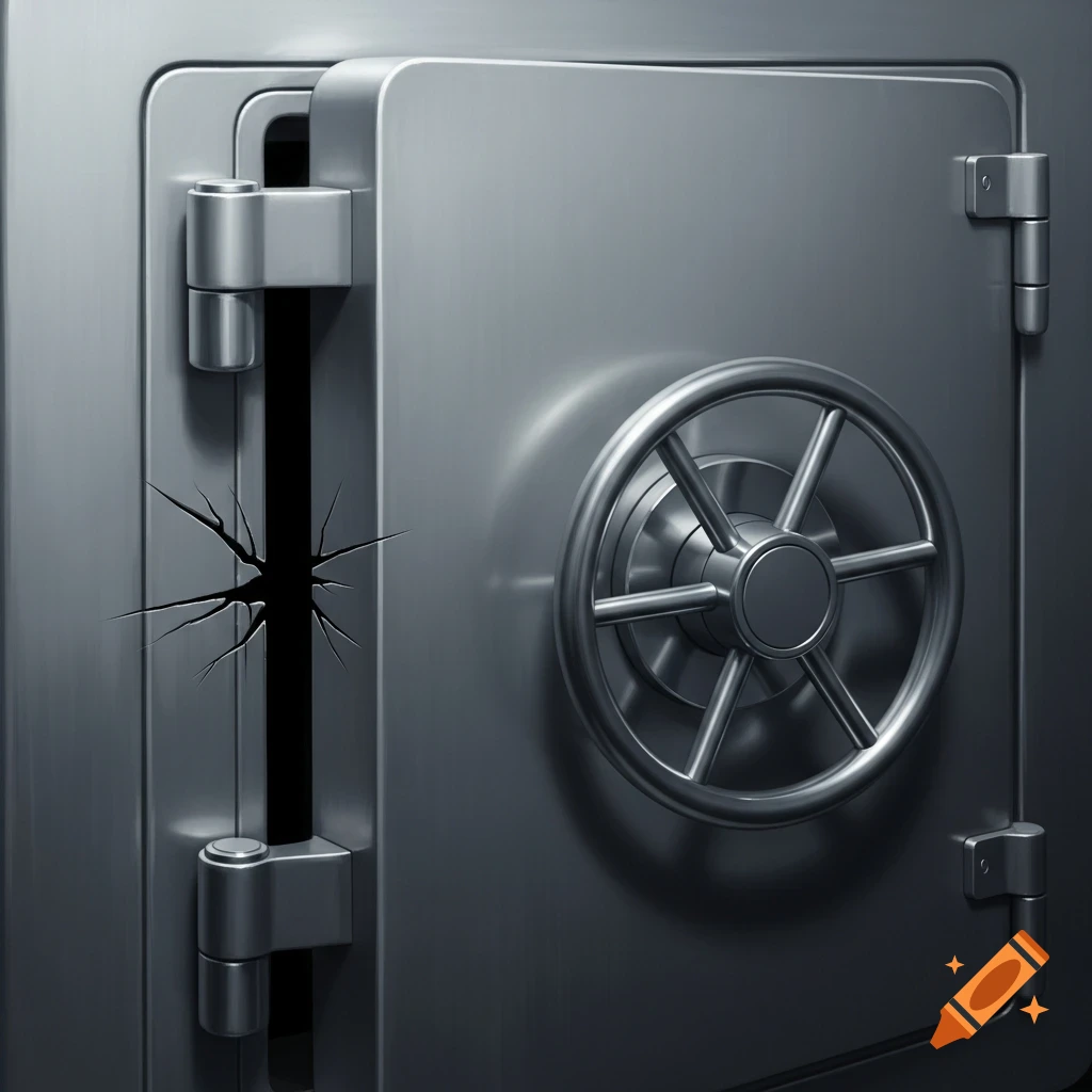 A light gray, classic safe door with a large rotating handle is slightly ajar, revealing a dark, jagged crack.