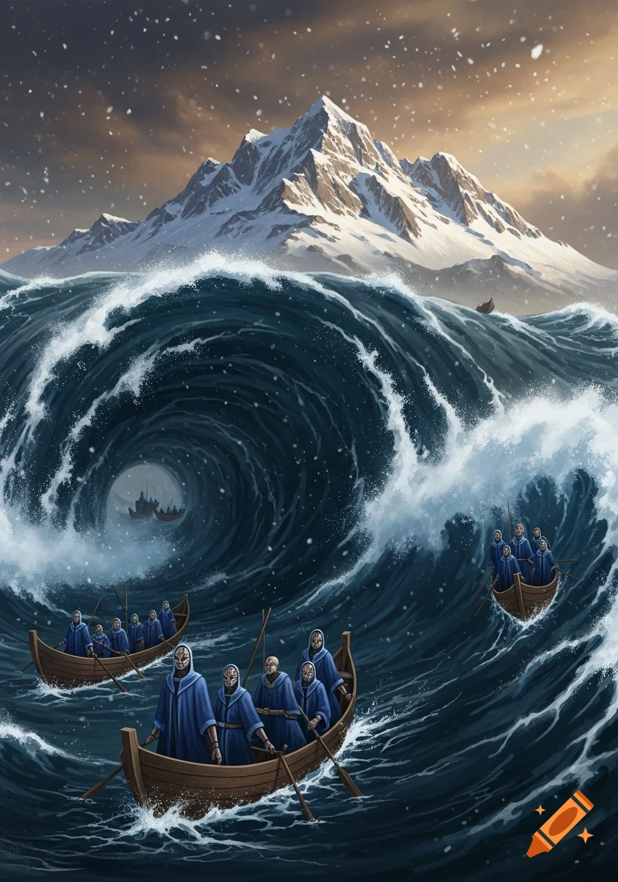 Digital painting of cloaked figures in boats on huge, dark blue waves, with a snowy mountain under a stormy sky and falling snow.