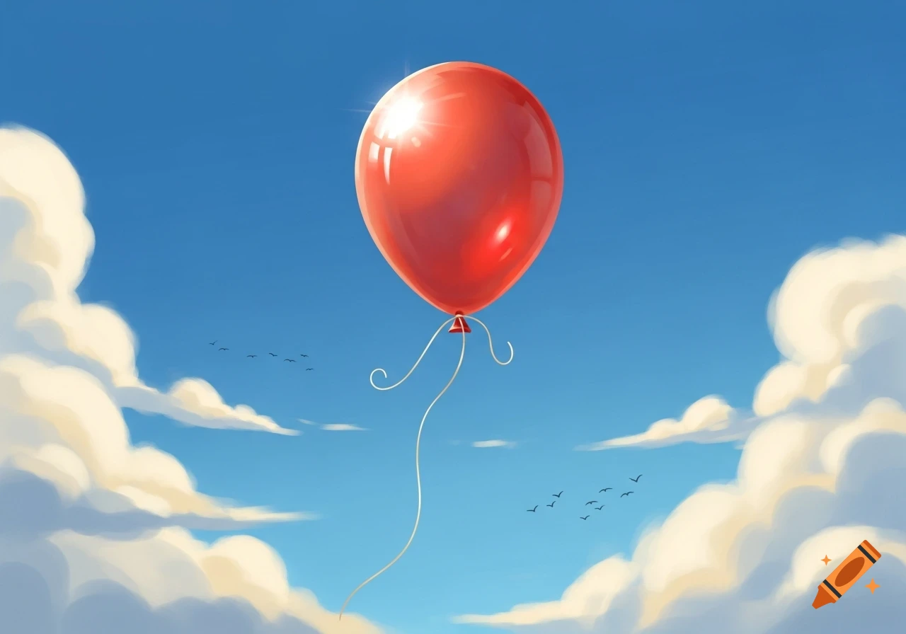 A shiny red balloon floats high in a bright blue sky, surrounded by white fluffy clouds and small birds.