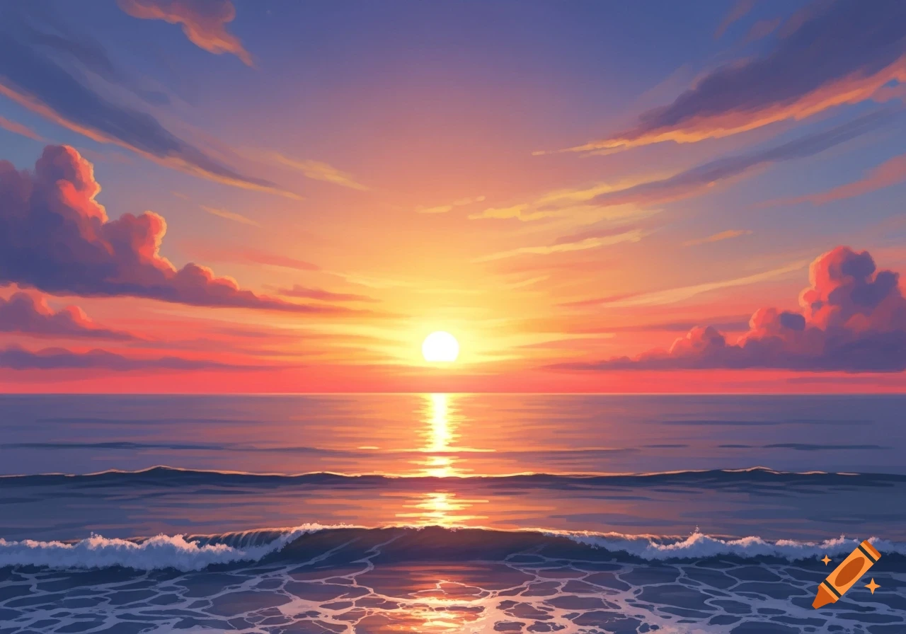 Vibrant digital painting of a sunrise over the ocean with orange and pink clouds, reflecting on gentle waves.