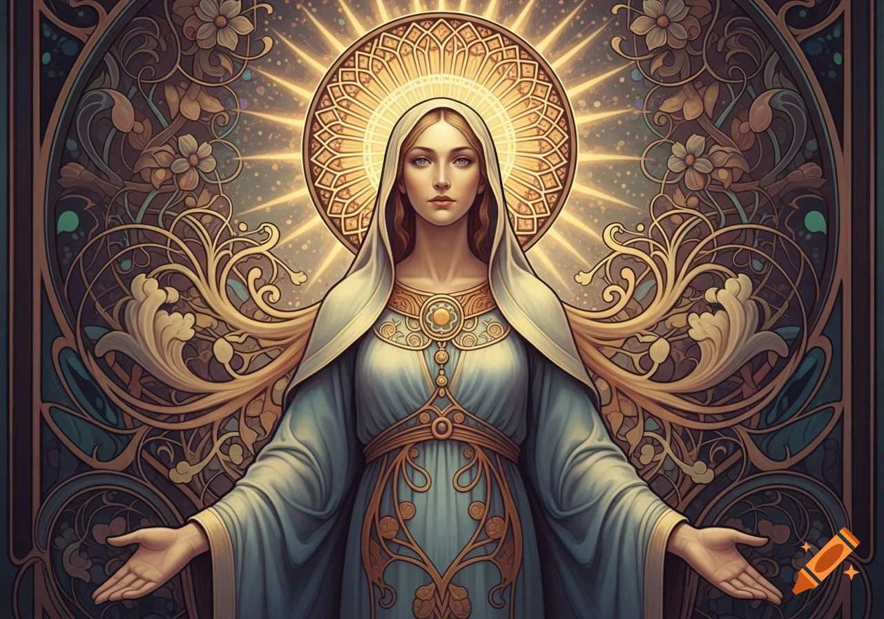 Art Nouveau portrait of a female saint with a golden halo and flowing robes against an ornate, decorative background.