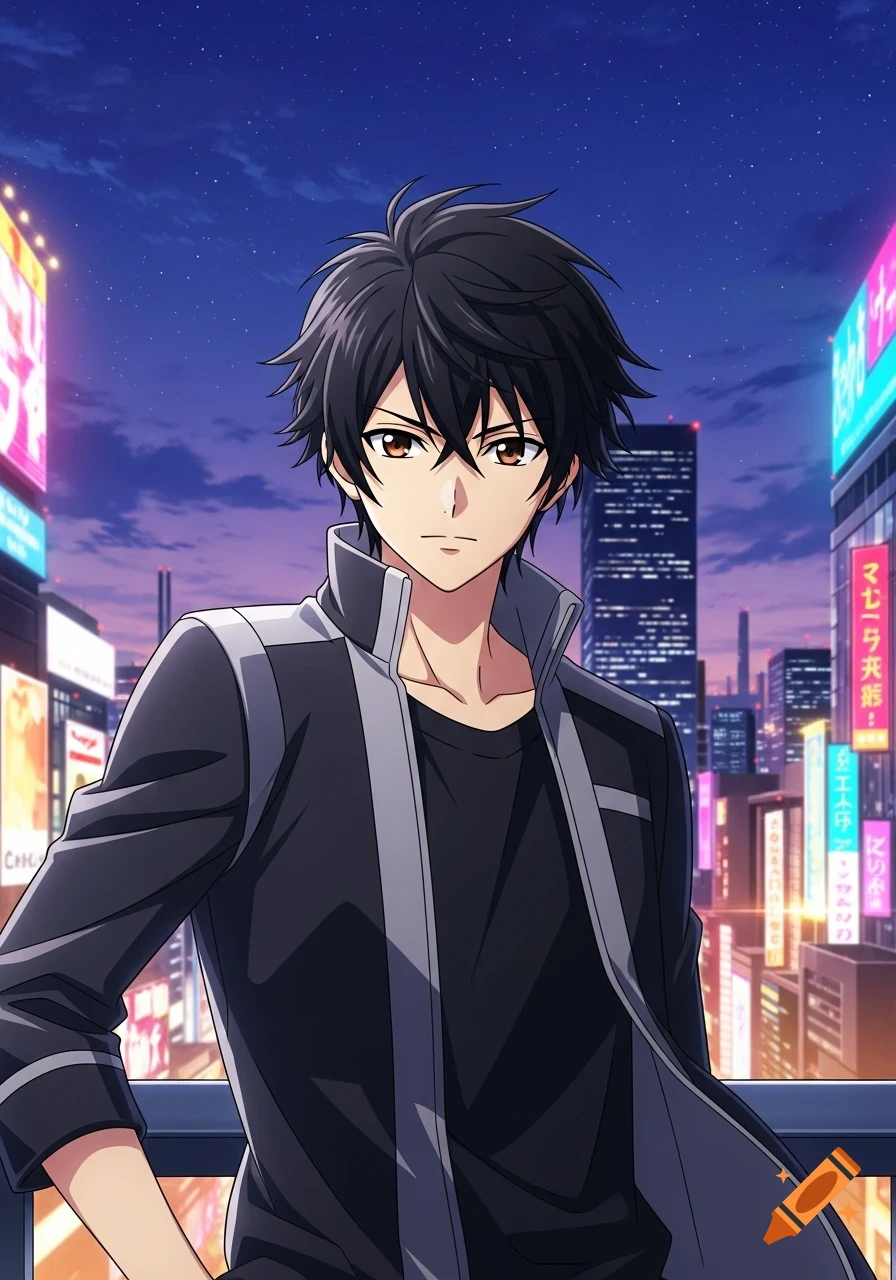 An anime male character with black hair and brown eyes, wearing a black shirt and jacket with grey accents, stands on a balcony overlooking a neon-lit city at night.