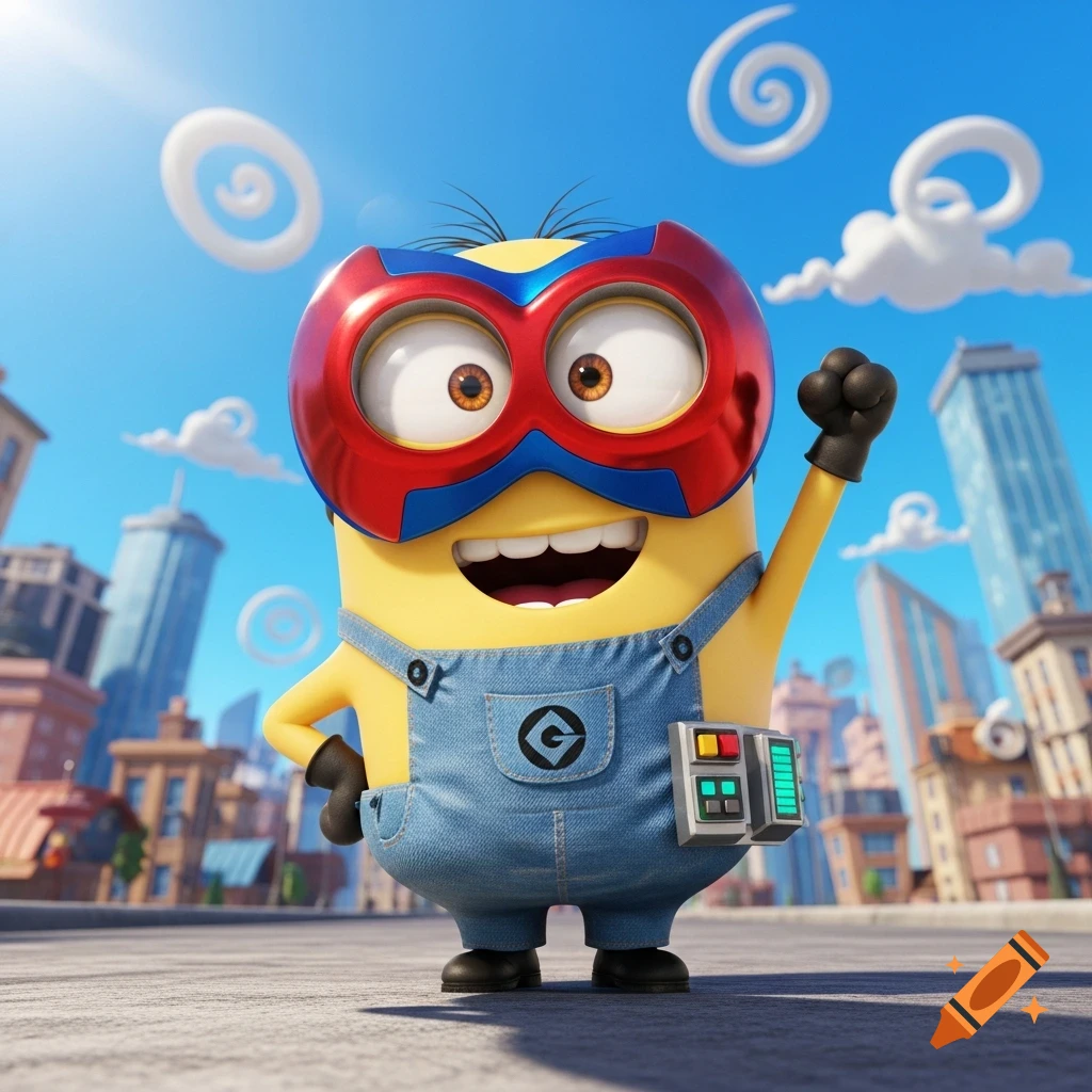 A cartoon Minion wearing a red and blue superhero mask and denim overalls, raising a fist, stands in a city street.