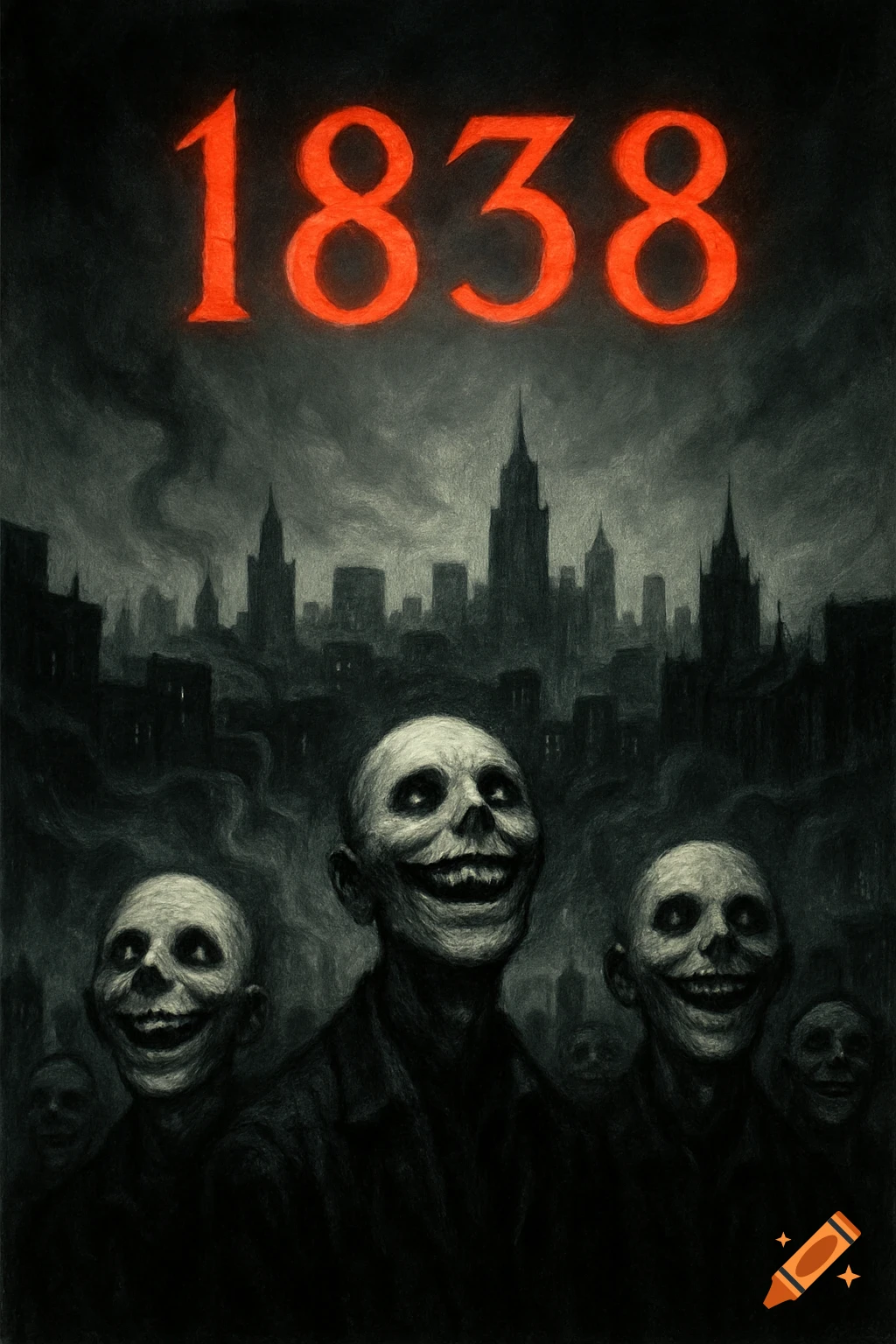 A horror book cover featuring glowing red numbers "1838" above a dark, smoky city skyline. Below are three pale, bald figures with wide, unsettling smiles, looking upwards.