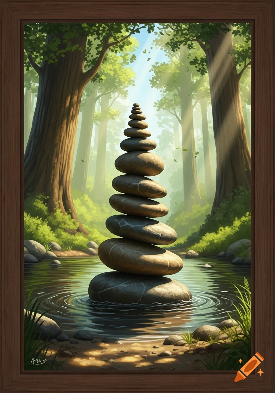 Stylized painting of a tall stack of balanced river stones in a calm forest stream, sun rays through trees.