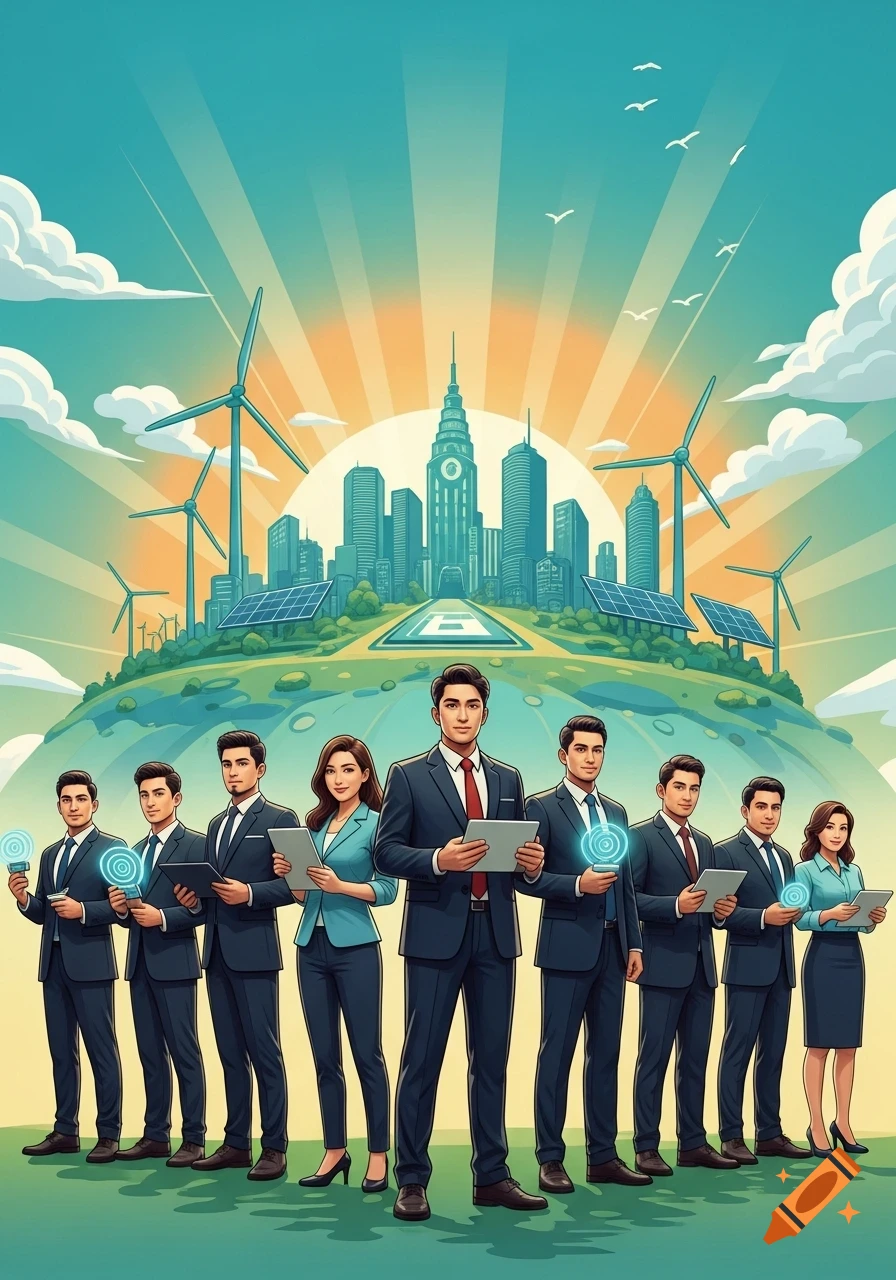 A diverse group of business professionals stand in front of a futuristic city with wind turbines and solar panels under a radiant sun, in an illustrative style.