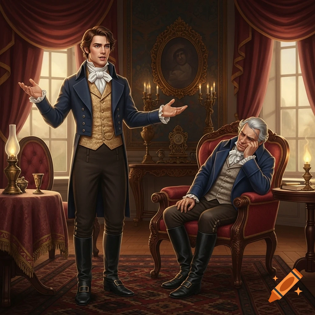 Two men in early 19th-century attire in a lavish room; one stands dramatically, the other sits slumped, looking bored.
