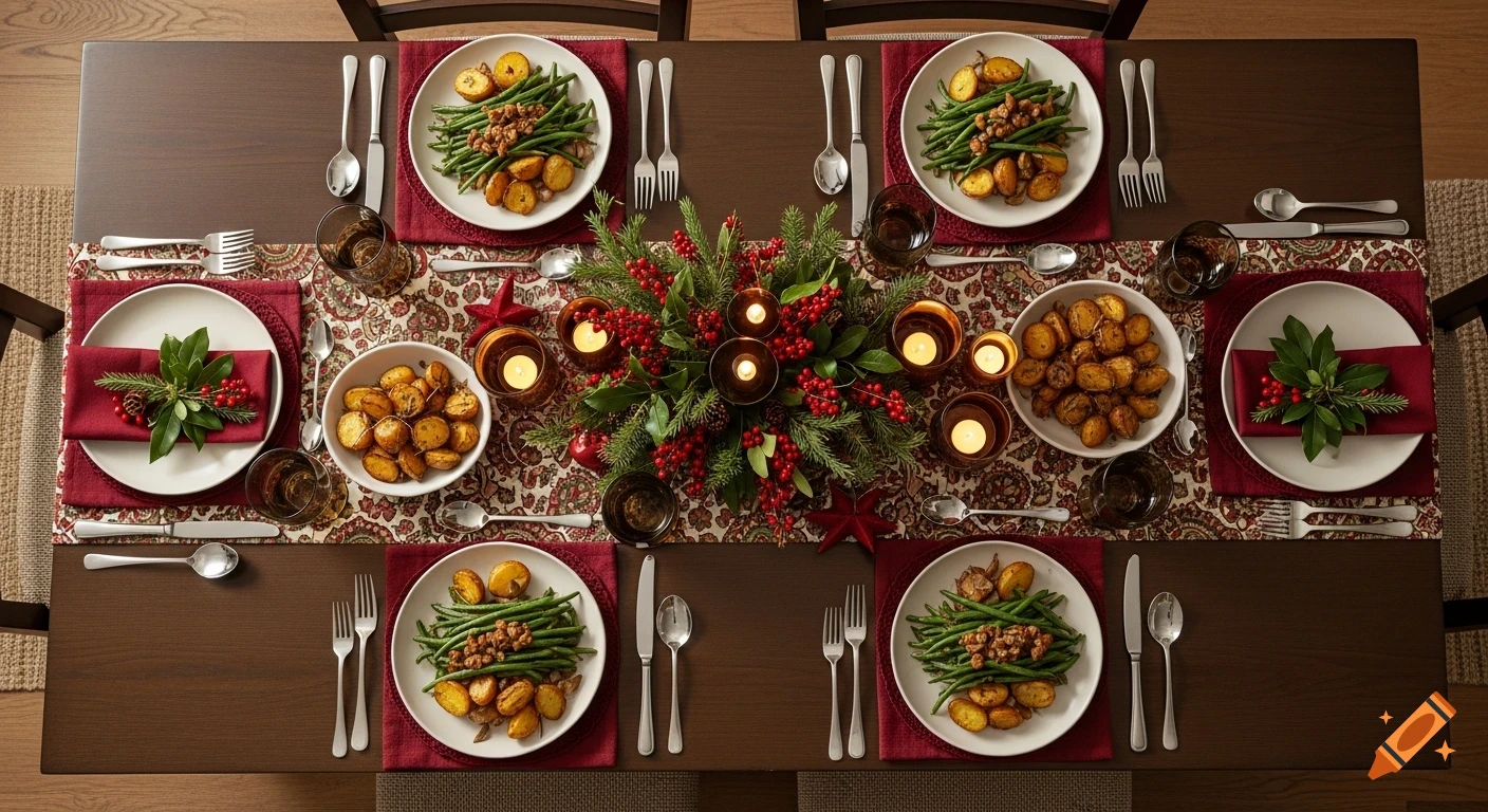 Overhead view of a festive Christmas dinner table set for six, featuring red, green, and brown decor, roasted potatoes, and green beans.