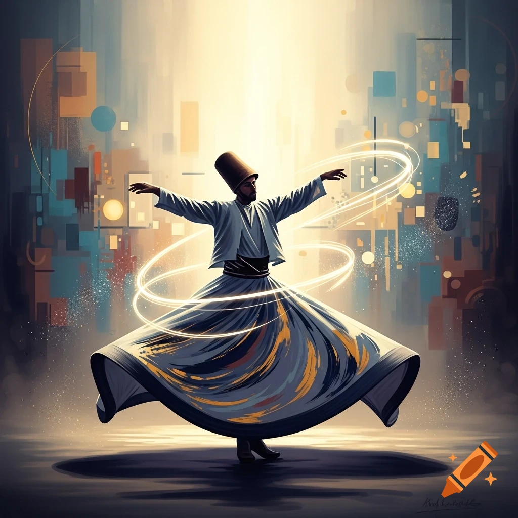 A Whirling Dervish in traditional attire, arms outstretched, spins with flowing robes against an abstract, bright background.