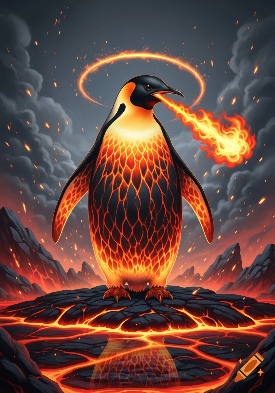 A majestic lava-bodied emperor penguin breathes fire, glowing with an orange halo in a volcanic landscape.