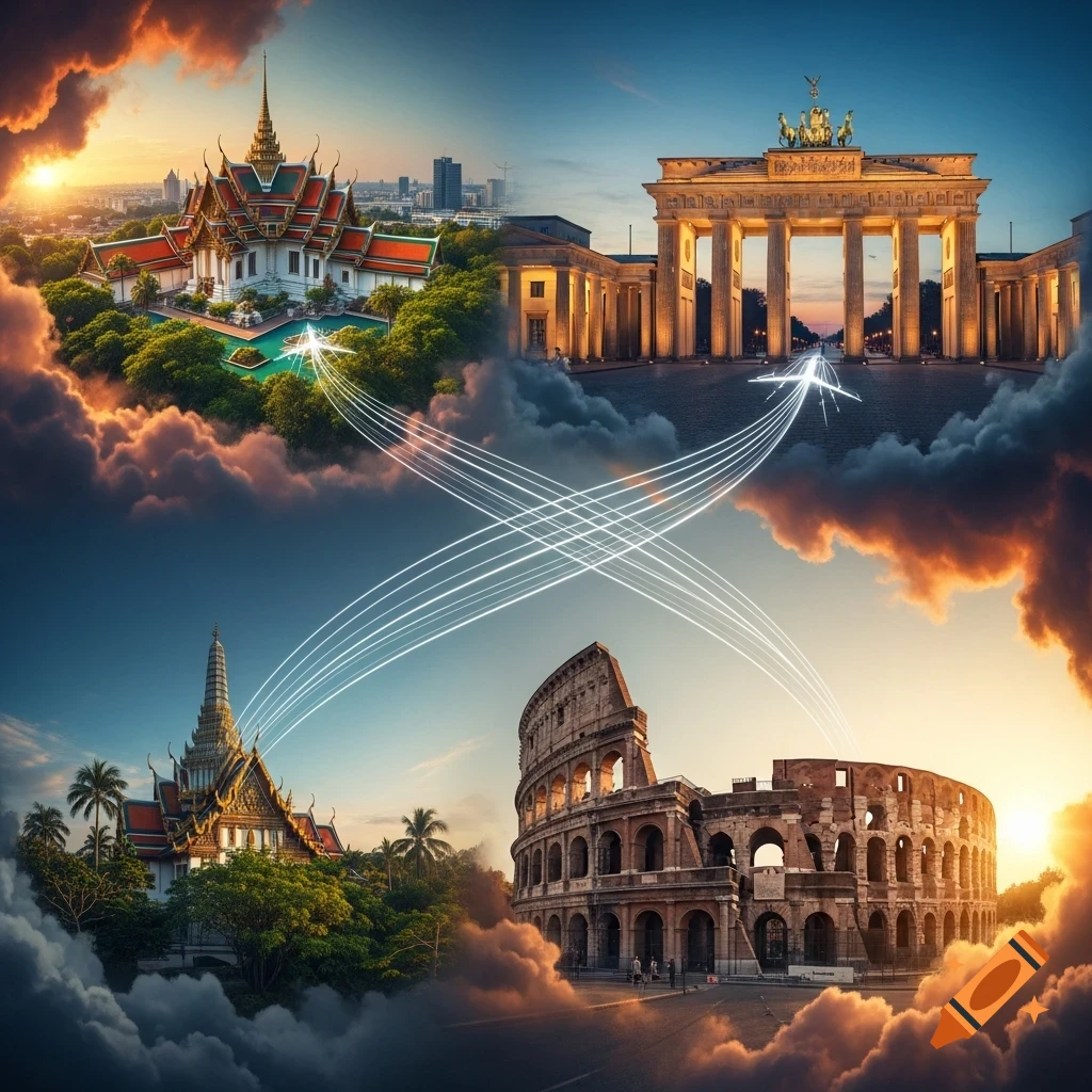 Global landmarks: Thai temple, Brandenburg Gate, and Roman Colosseum float on clouds at sunset, connected by glowing light trails.