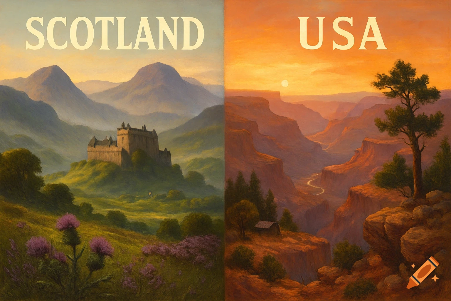 A split digital painting depicting Scotland's misty mountains, castle, and thistles on the left, and the USA's arid canyons at sunset on the right.